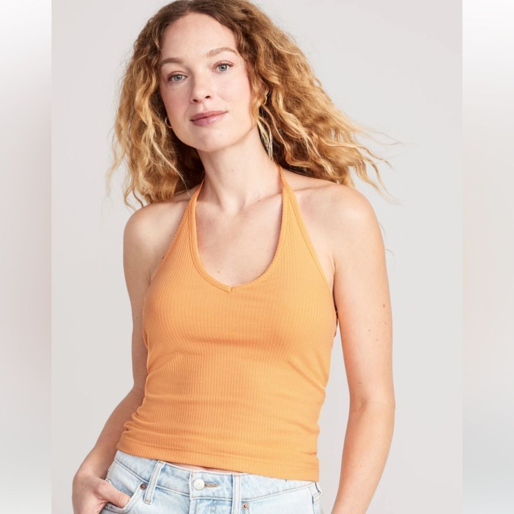 Old Navy NWOT Rib-Knit V-Neck Halter Top for Women Peach/Orange Large